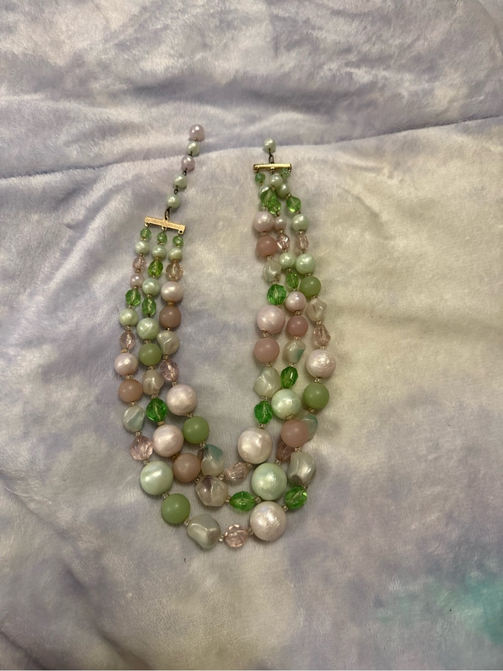 Pastel Green and Blush Multi-Strand Beaded Necklace with Gold Accents 1950’s